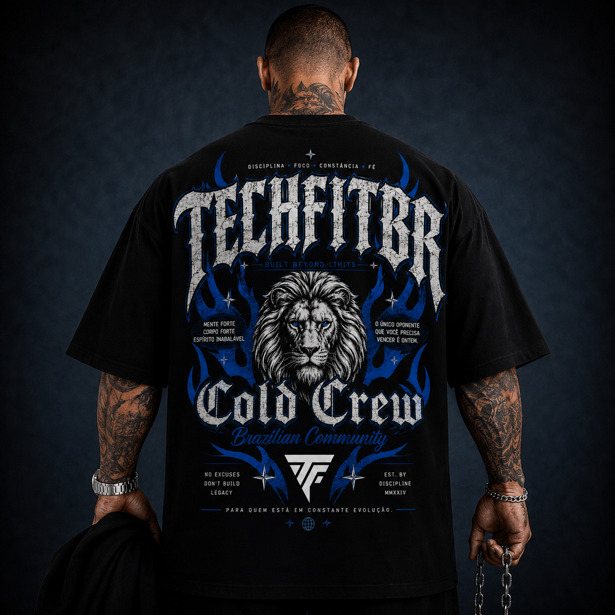 Camiseta Oversized Masculina Techfitbr Cold Crew Lion Premium Streetwear Preta