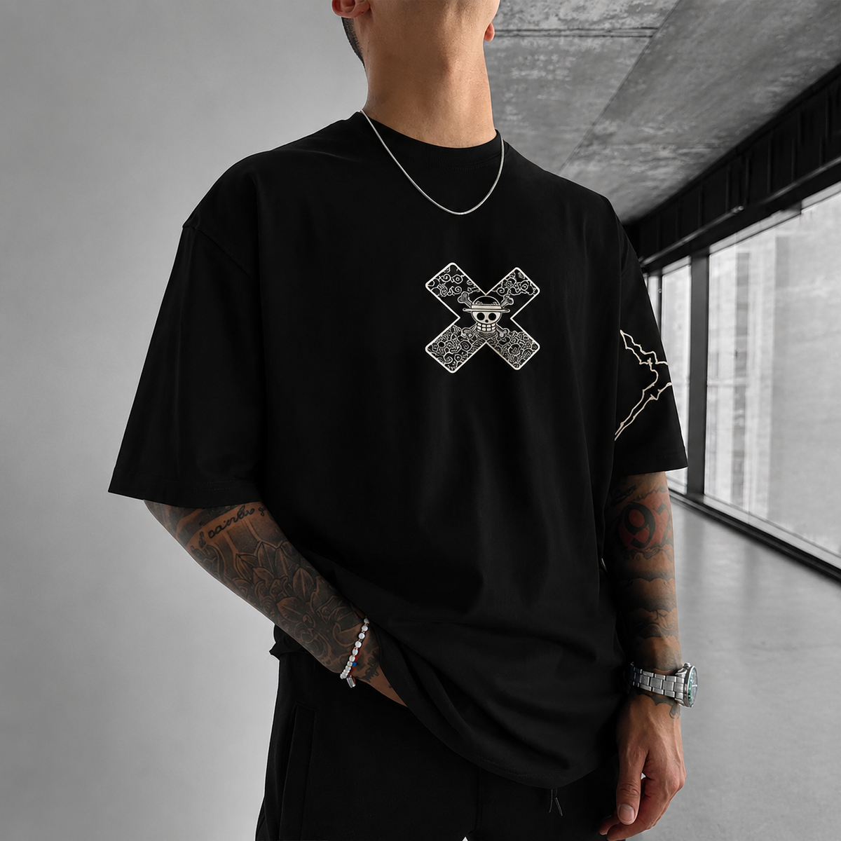 Camiseta Oversized Streetwear Luffy Haki do Rei Black
