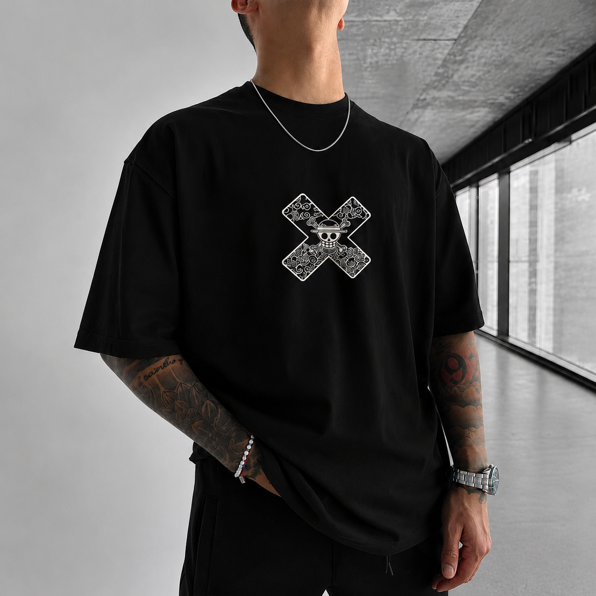 Camiseta Oversized Streetwear Luffy Haki do Rei Black