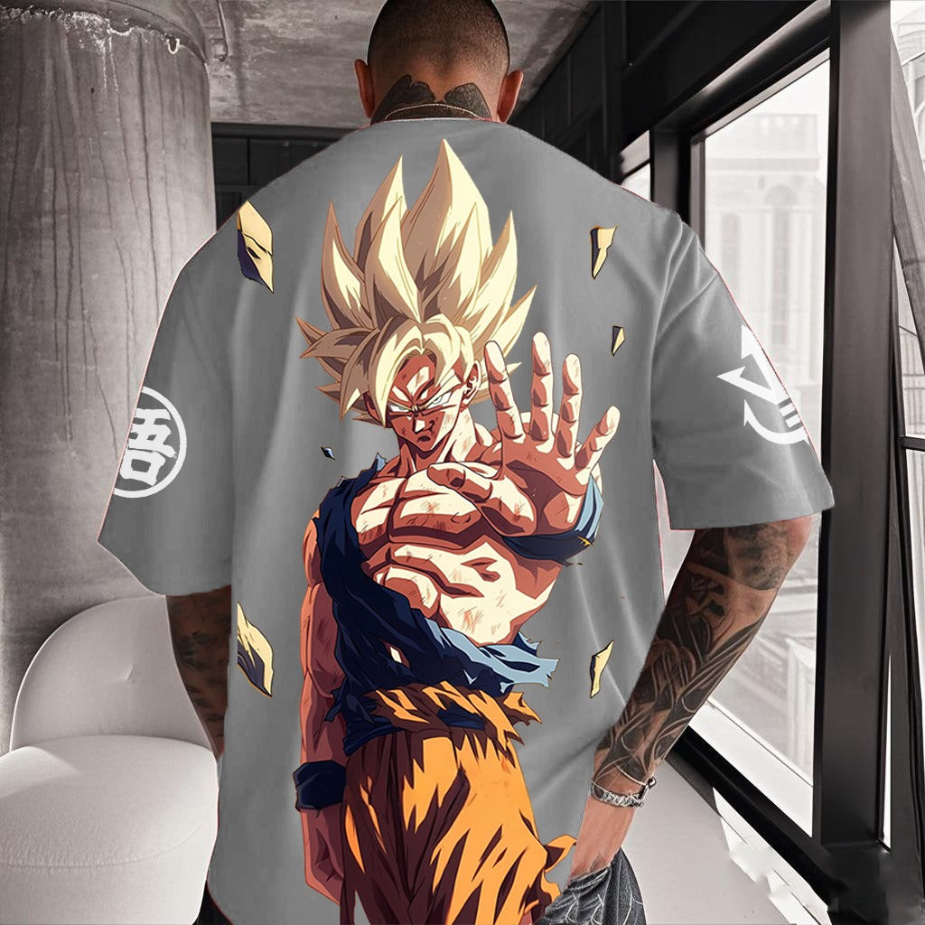 Camiseta Oversized Streetwear Goku Super Saiyajin Cinza