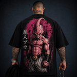 Camiseta Oversized Anime Guerreiro Rosa Poder Supremo Masculina Preta