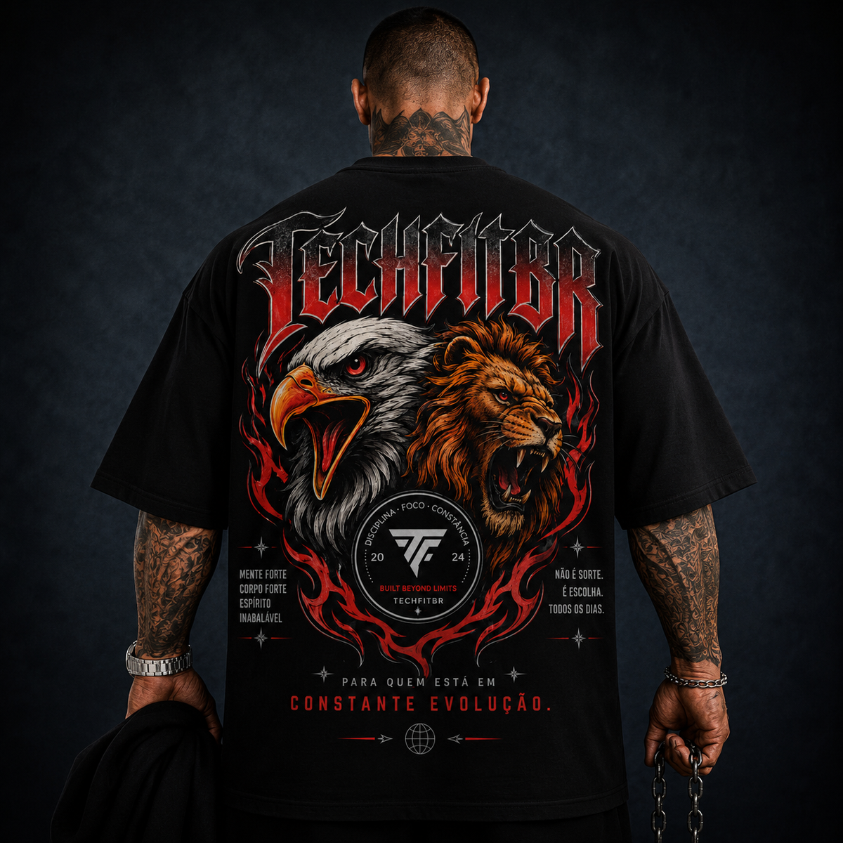 Camiseta Oversized Masculina Techfitbr Dual Beasts Premium Streetwear Preta