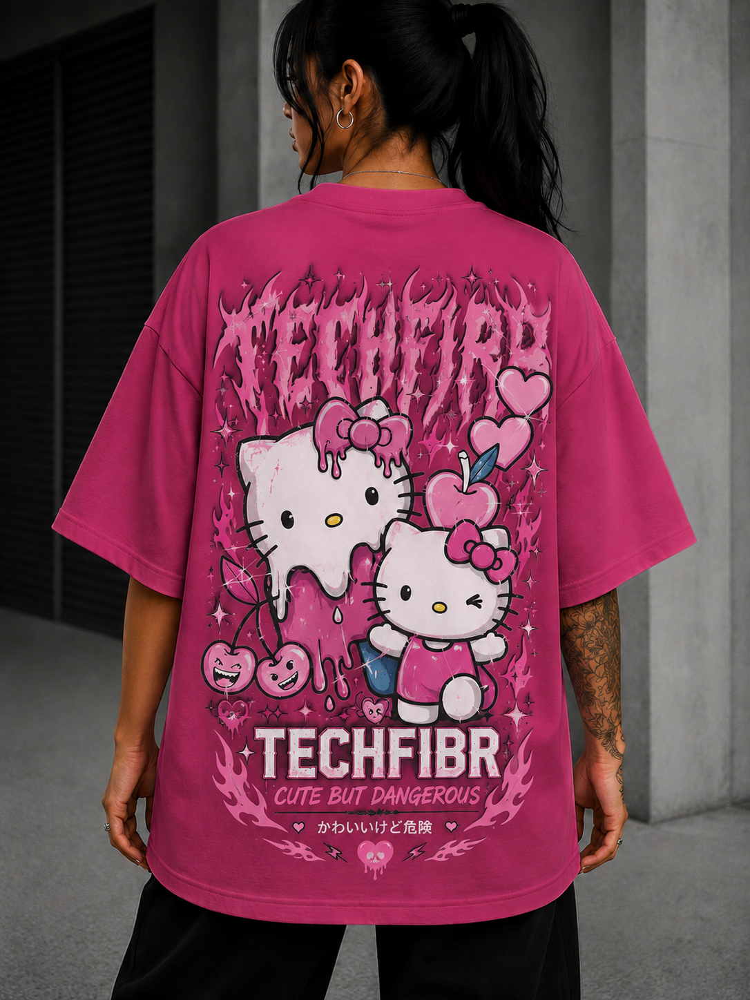 Camiseta Oversized Feminina Hello Kitty Kawaii TechFibr Rosa Premium