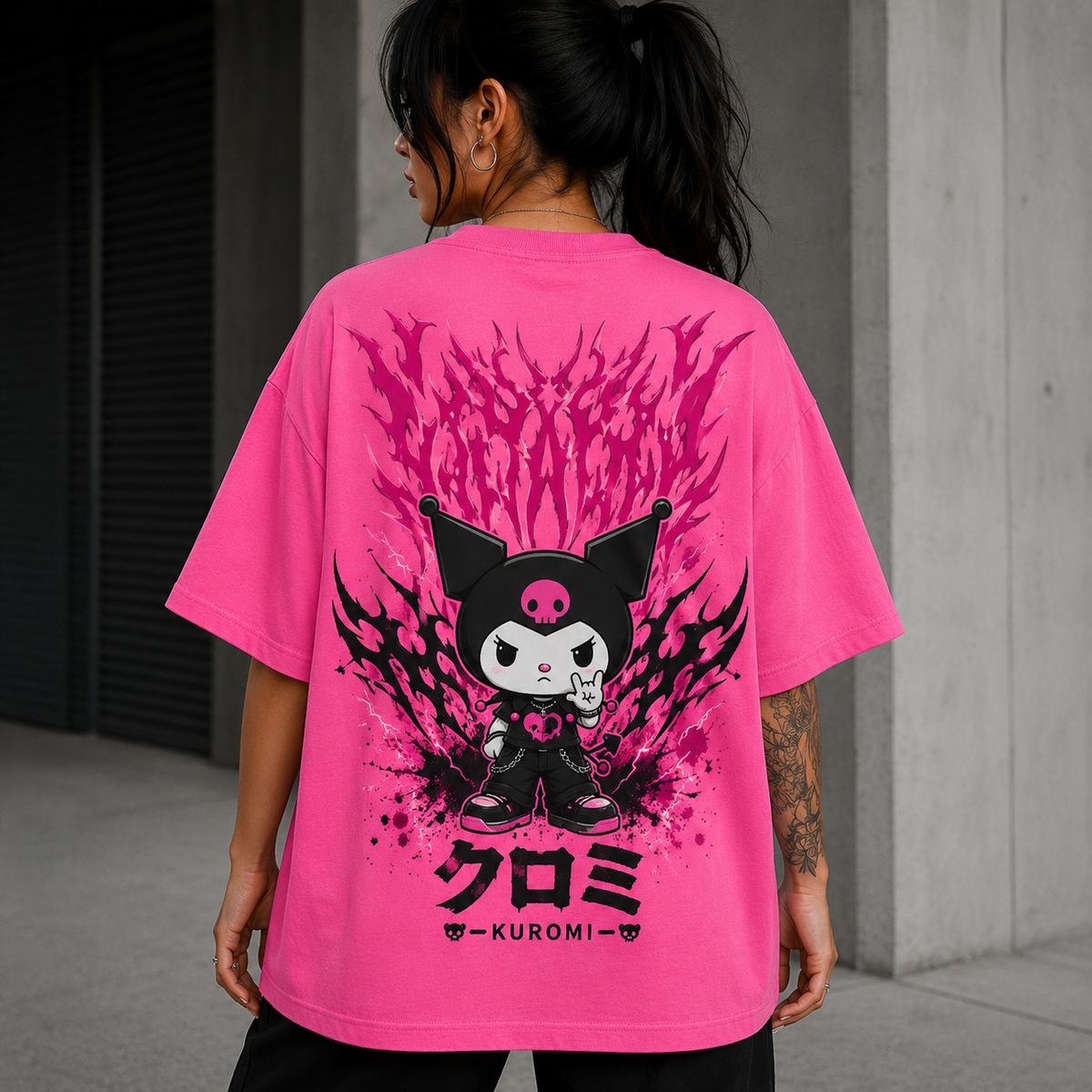Camiseta Oversized Feminina Kuromi Kawaii Streetwear TechFibr Rosa